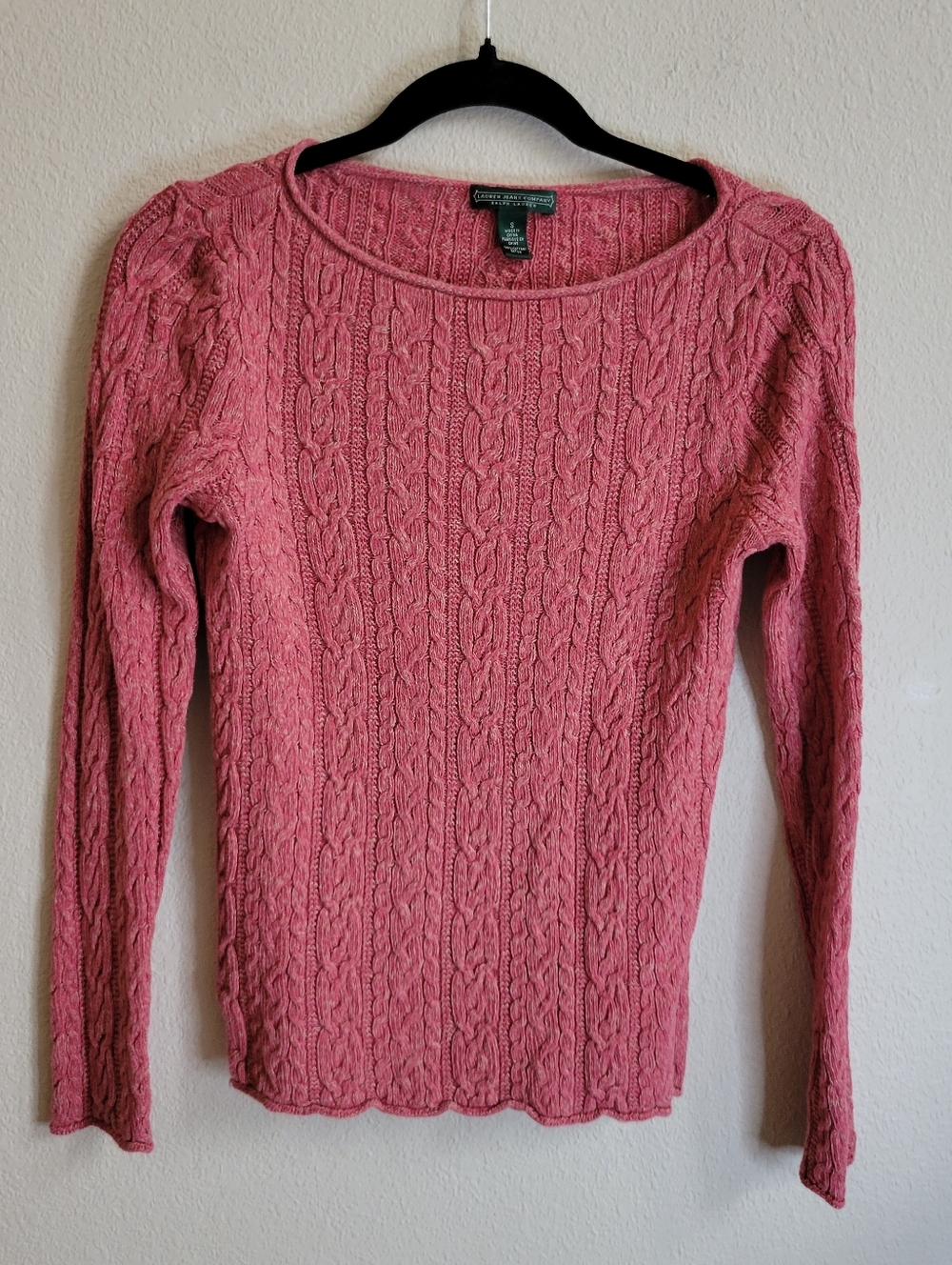 Lauren Jeans Company Ralph Lauren Cable Knit Scoop Neck Sweater Light Red Small.